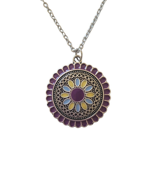 Genérico Collar de flores moradas con colgante de acero inoxidable, joyero de ante, estilo bohemio