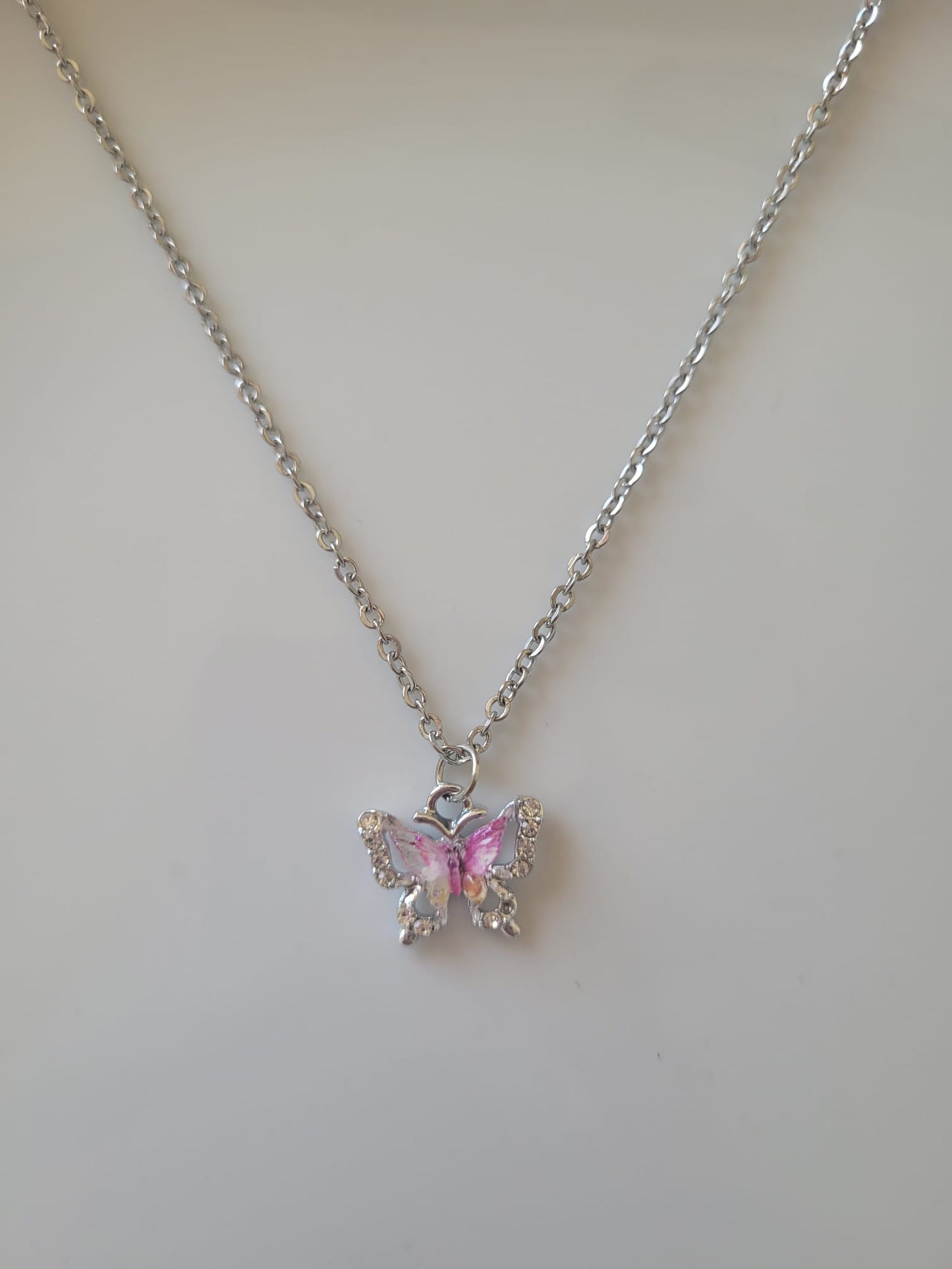 Collares de Mariposa Rosa de Acero Inoxidable con Circonitas, Collar con Joyero de Ante, Collares Modernos y Elegantes, Regalo para Chicas