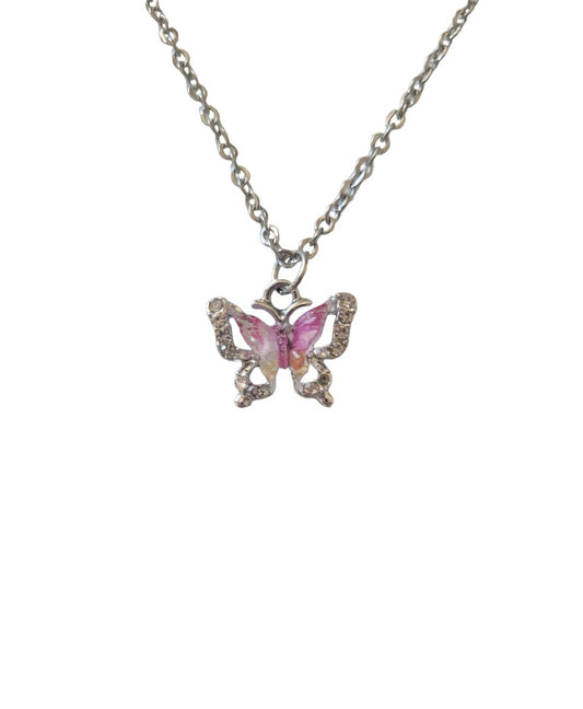 Collares de Mariposa Rosa de Acero Inoxidable con Circonitas, Collar con Joyero de Ante, Collares Modernos y Elegantes, Regalo para Chicas