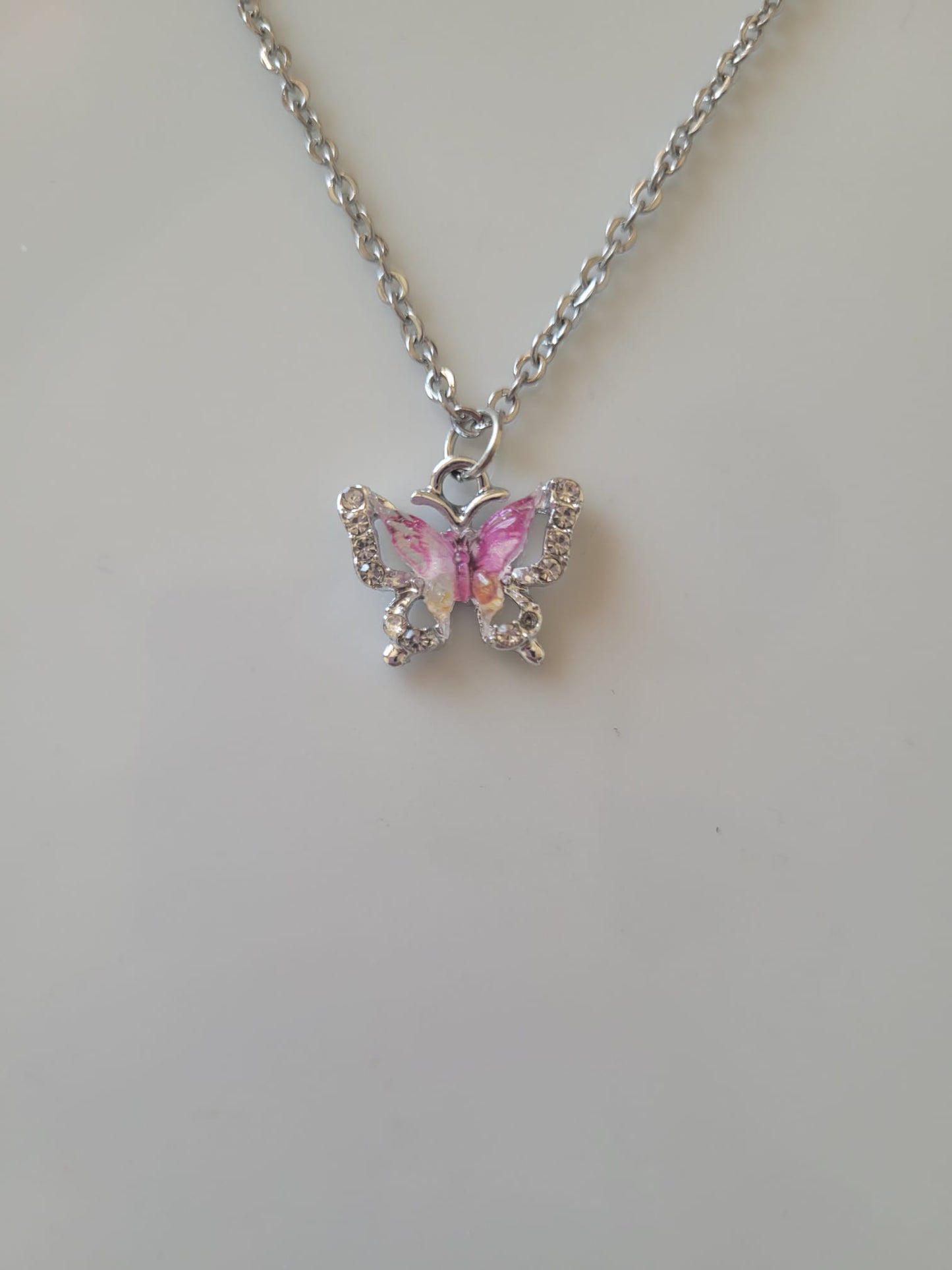 Collares de Mariposa Rosa de Acero Inoxidable con Circonitas, Collar con Joyero de Ante, Collares Modernos y Elegantes, Regalo para Chicas