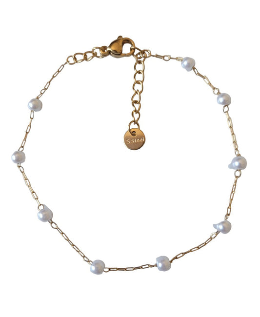 Genérico Pulsera de Perlas Redondas, Acero Inoxidable, Dorado, Minimalista para Mujer, Longitud Ajustable